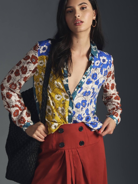 Anthropologie Tops - Anthropologie Maeve Paz Alida Contrast Floral Patchwork Buttondown Blouse XXSP